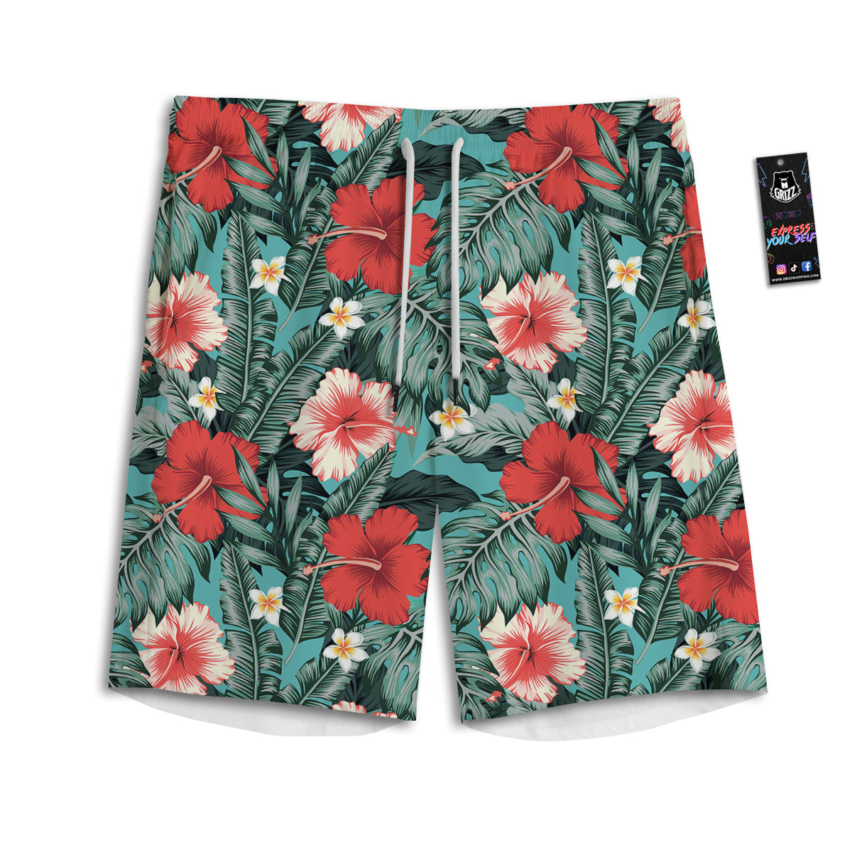 Tropical Leaf Turquoise Print Pattern Men's Athletic Shorts