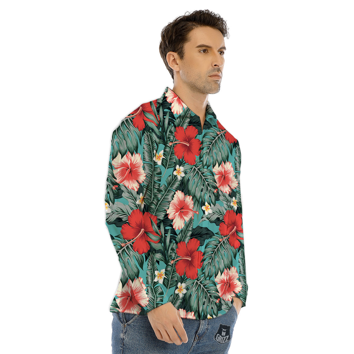Tropical Leaf Turquoise Print Pattern Men's Dress Shirts-grizzshop