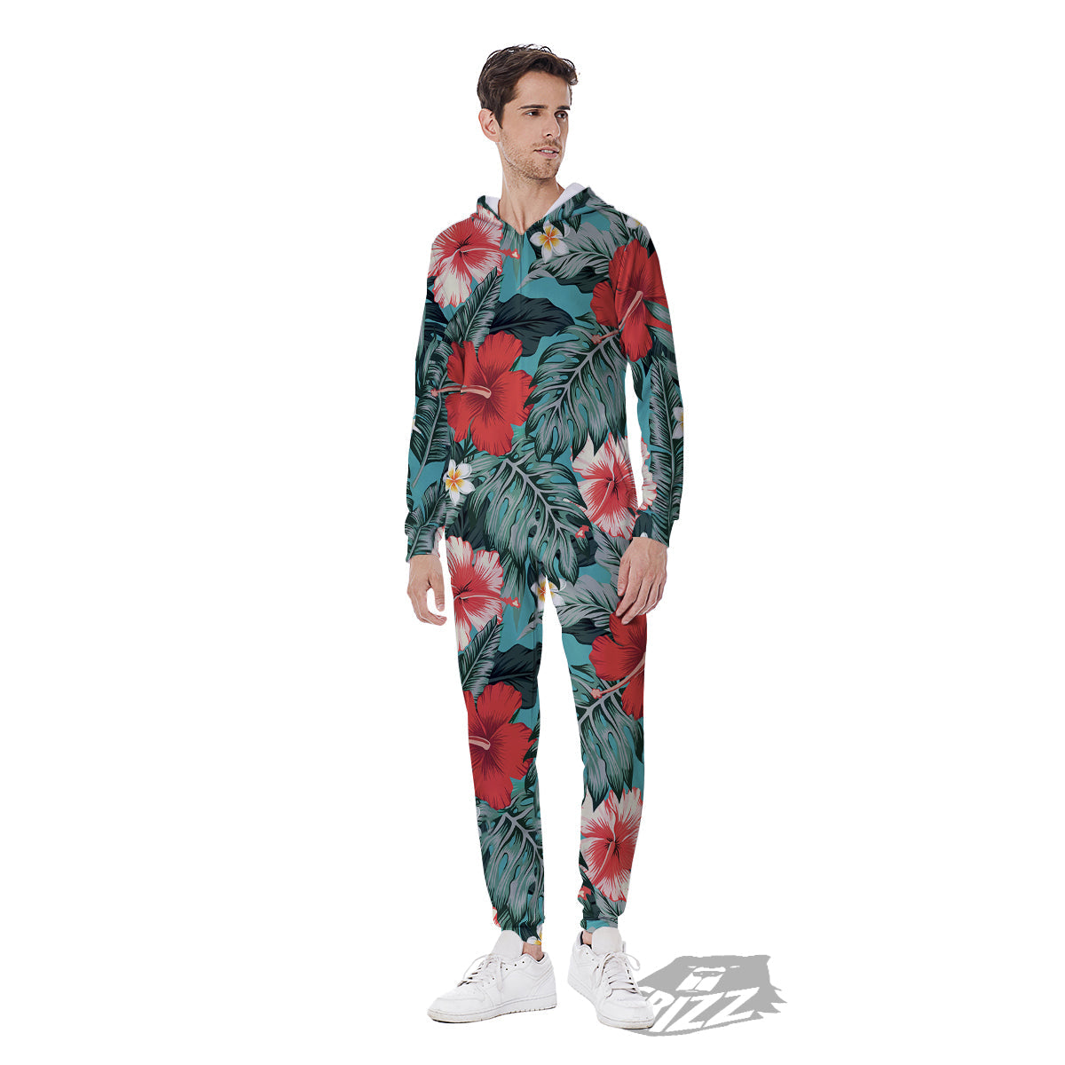 Tropical Leaf Turquoise Print Pattern Men's Jumpsuit-grizzshop