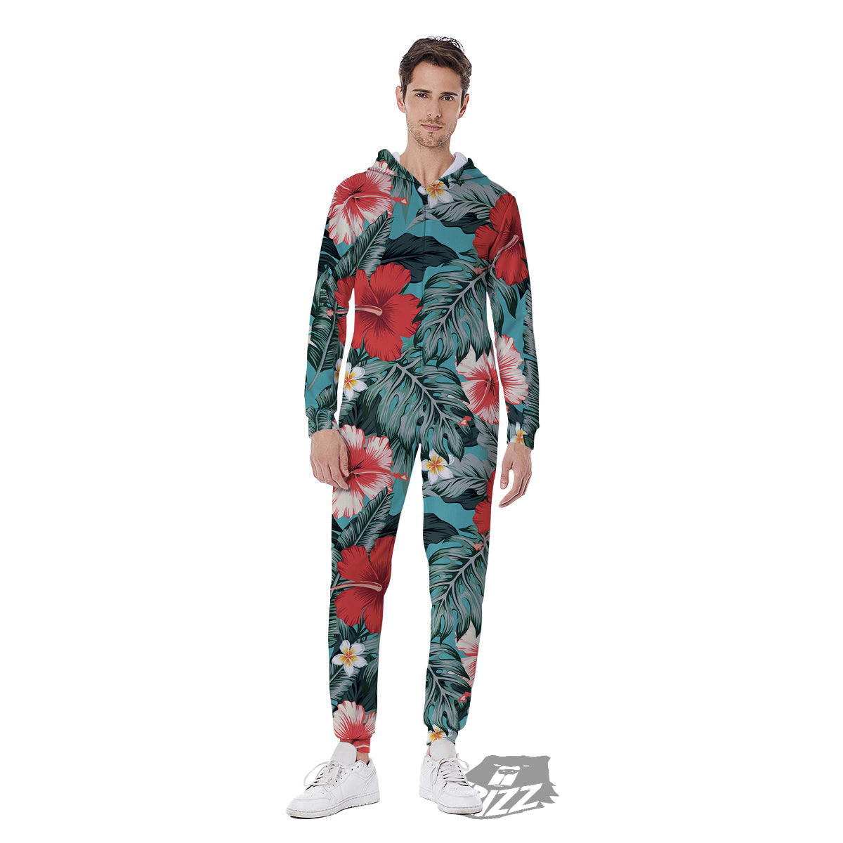 Tropical Leaf Turquoise Print Pattern Men's Jumpsuit-grizzshop