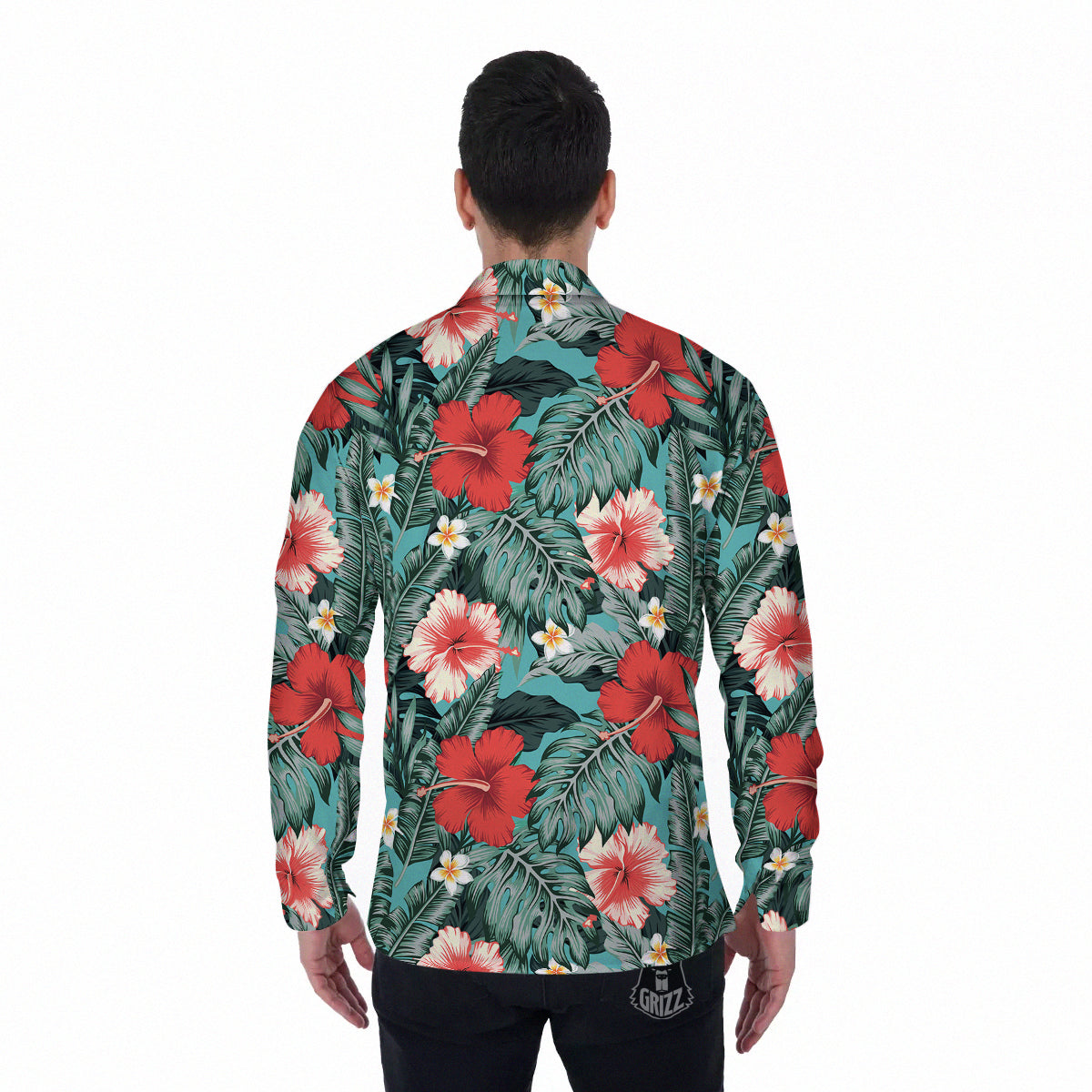 Tropical Leaf Turquoise Print Pattern Men's Long Sleeve Shirts-grizzshop