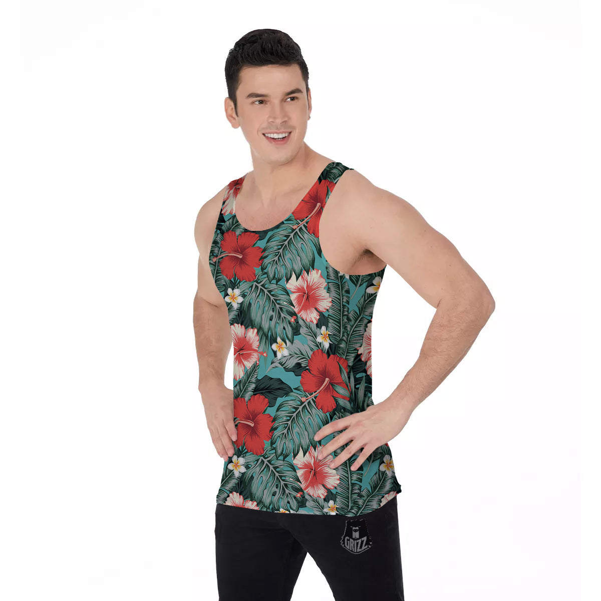 Tropical Leaf Turquoise Print Pattern Men's Tank Top-grizzshop