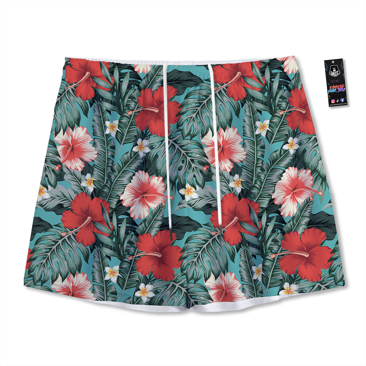 Tropical Leaf Turquoise Print Pattern Mesh Shorts