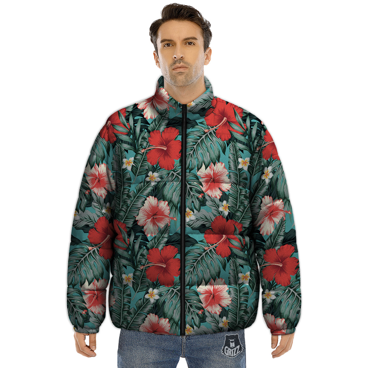 Tropical Leaf Turquoise Print Pattern Puffer Jacket-grizzshop