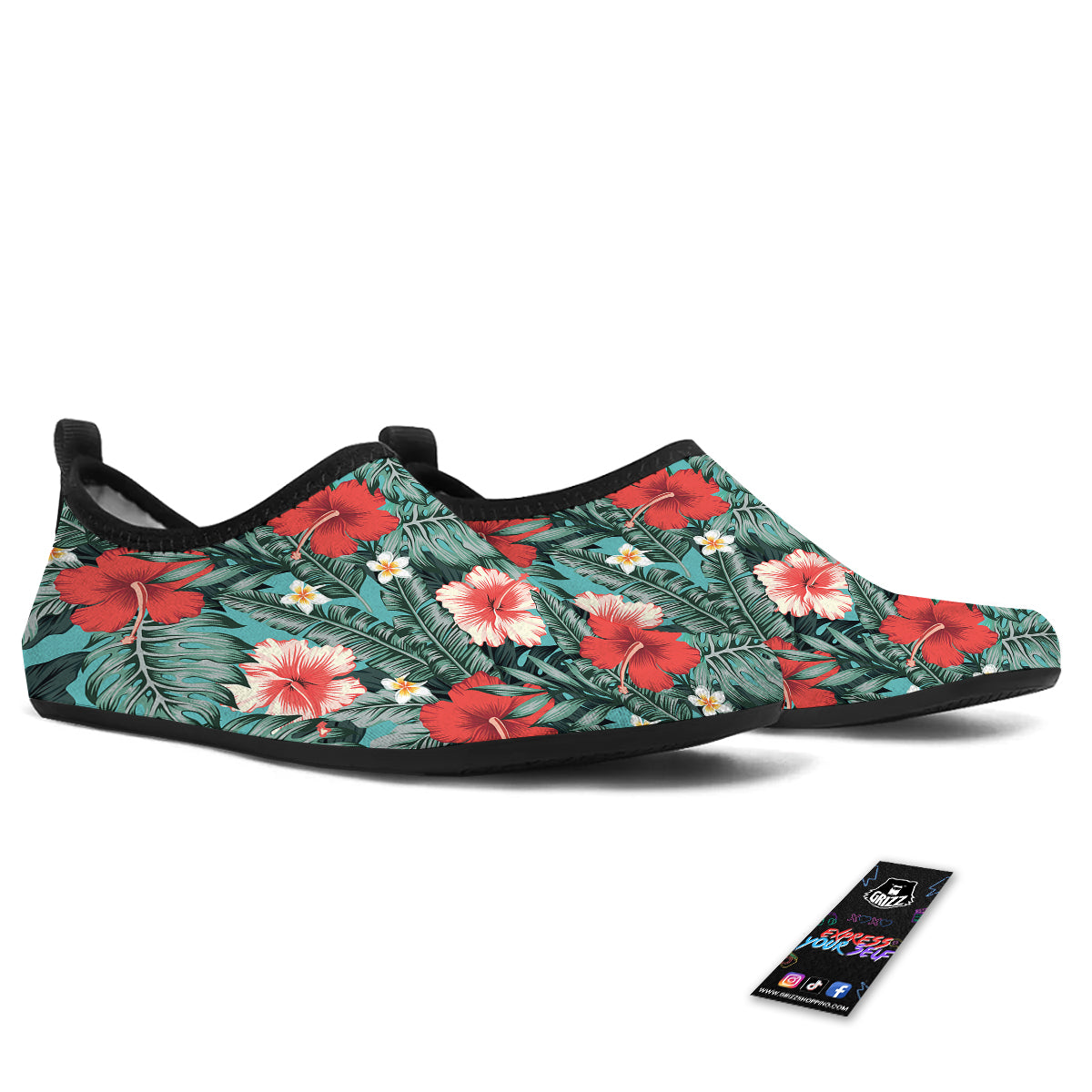 Tropical Leaf Turquoise Print Pattern Water Shoes-grizzshop