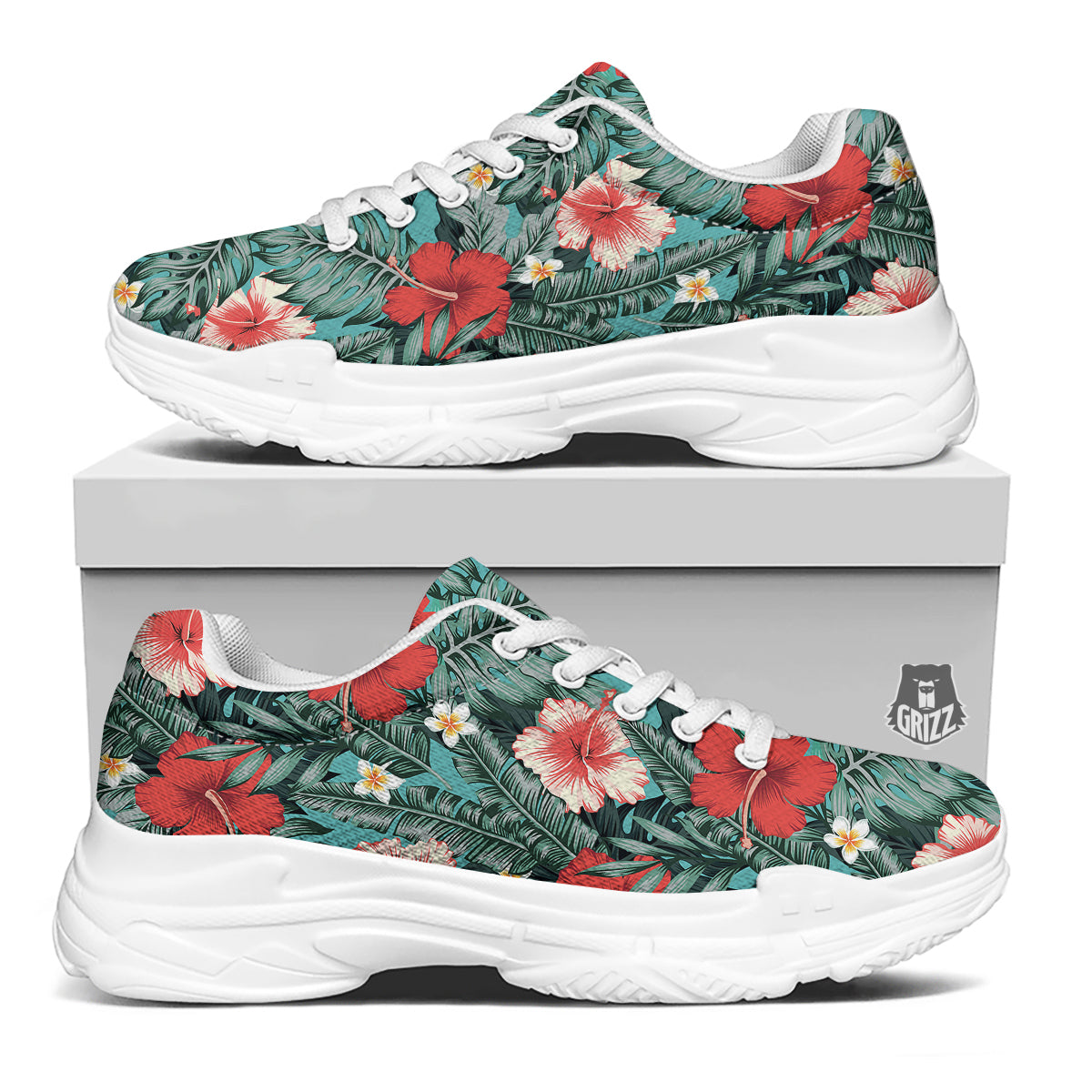 Tropical Leaf Turquoise Print Pattern White Chunky Shoes-grizzshop