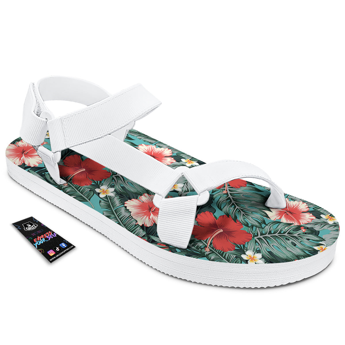 Tropical Leaf Turquoise Print Pattern White Open Toe Sandals-grizzshop