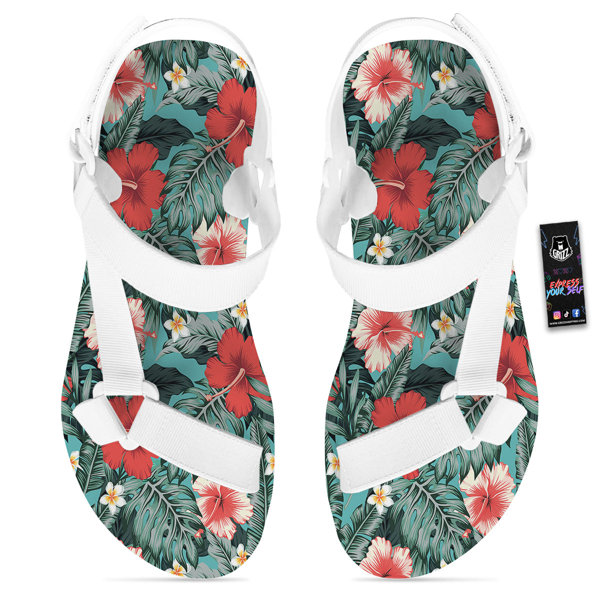 Tropical Leaf Turquoise Print Pattern White Open Toe Sandals-grizzshop