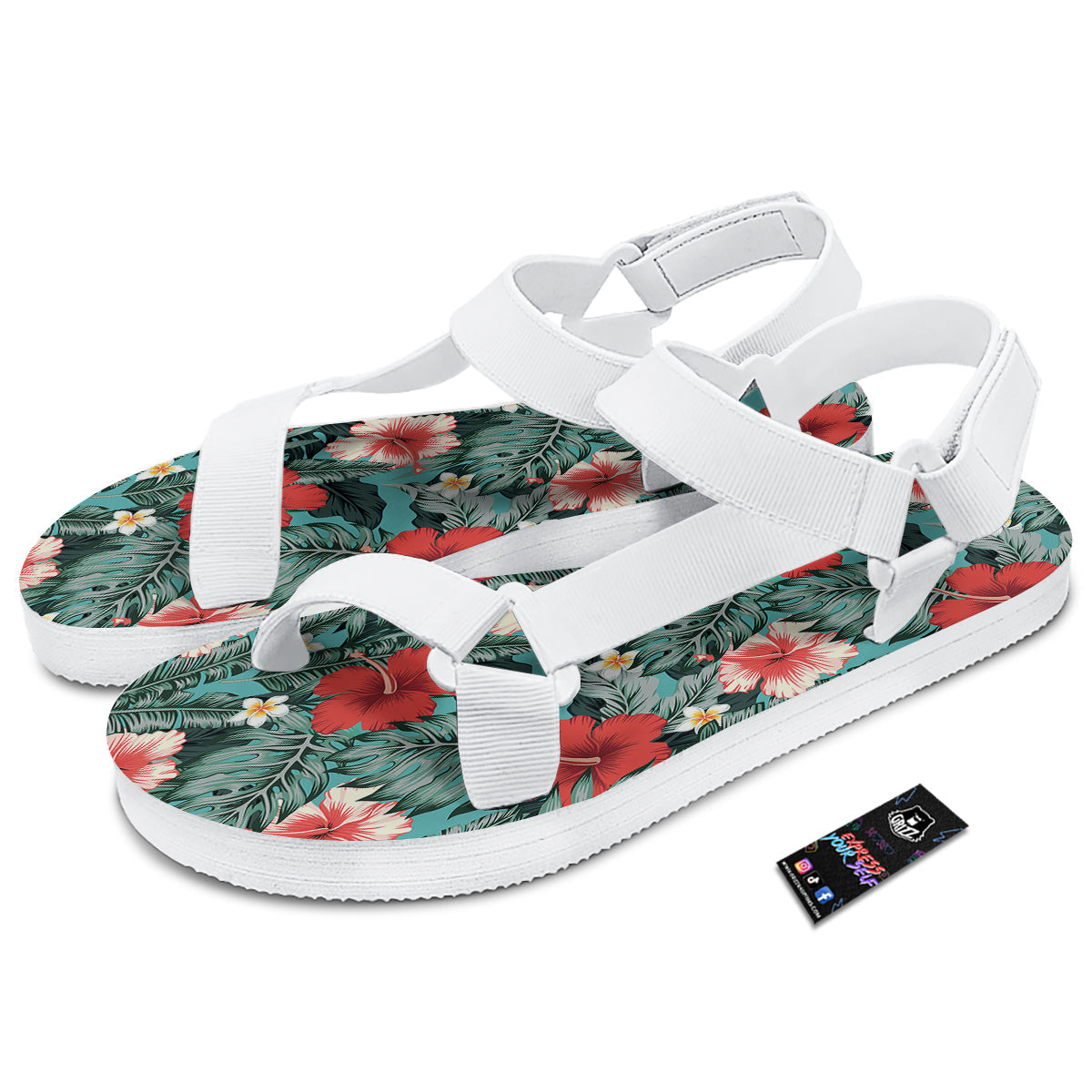 Tropical Leaf Turquoise Print Pattern White Open Toe Sandals-grizzshop