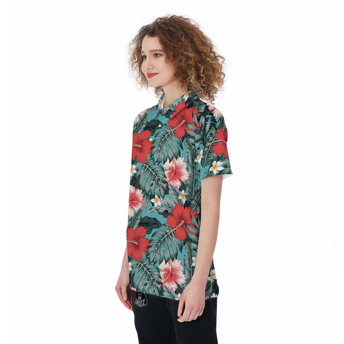 Tropical Leaf Turquoise Print Pattern Women's Golf Shirts-grizzshop