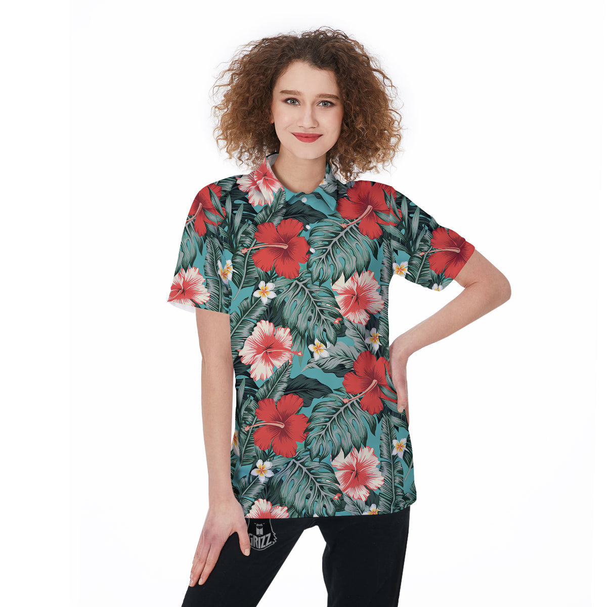 Tropical Leaf Turquoise Print Pattern Women's Golf Shirts-grizzshop