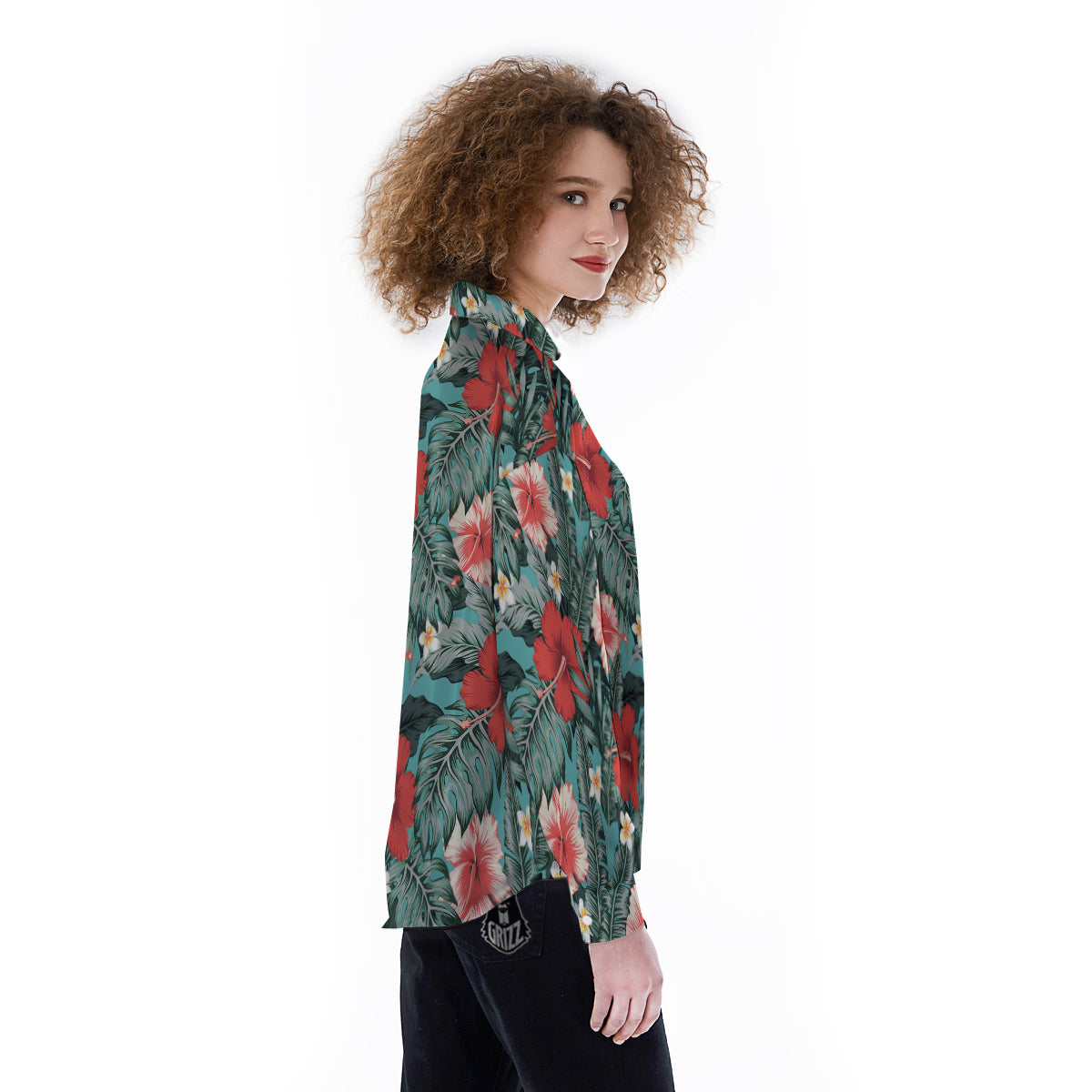 Tropical Leaf Turquoise Print Pattern Women's Long Sleeve Shirts-grizzshop