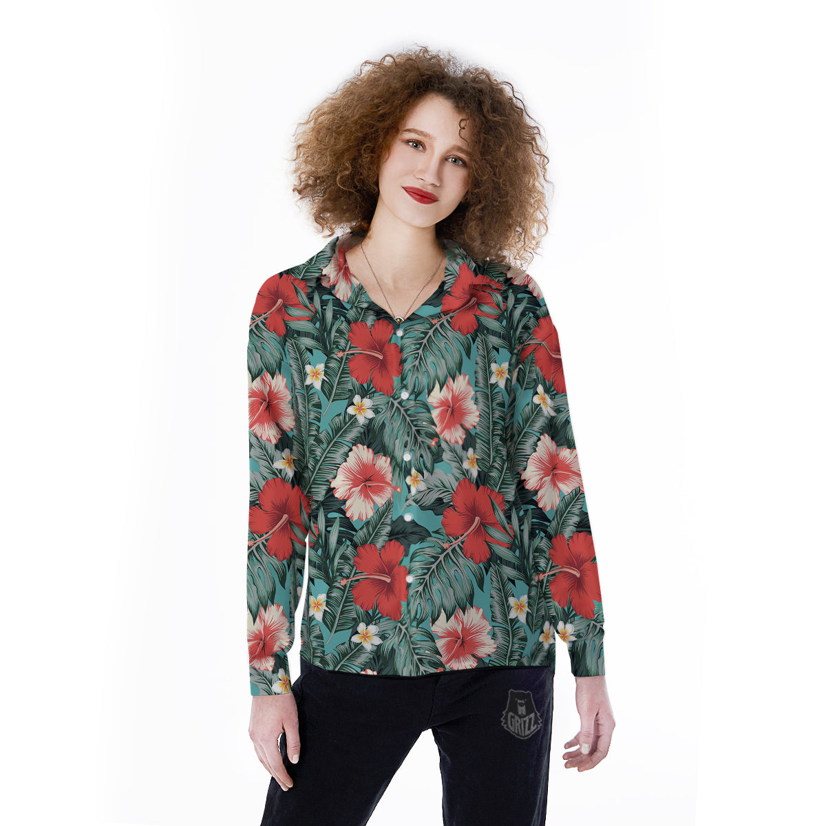 Tropical Leaf Turquoise Print Pattern Women's Long Sleeve Shirts-grizzshop