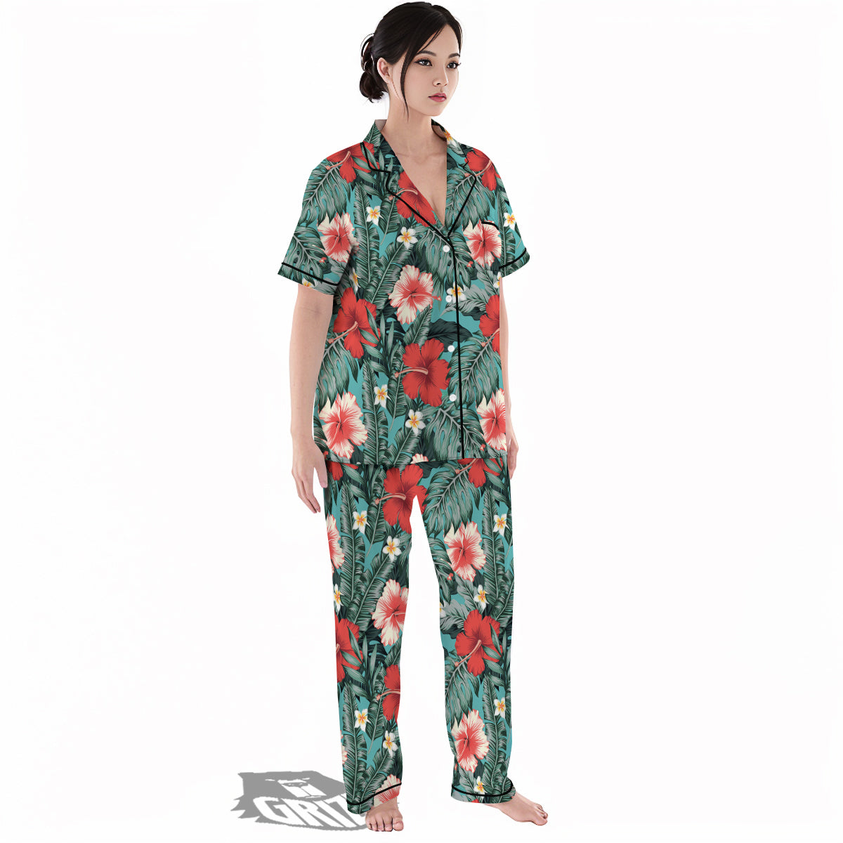 Tropical Leaf Turquoise Print Pattern Women's Pajamas Set-grizzshop