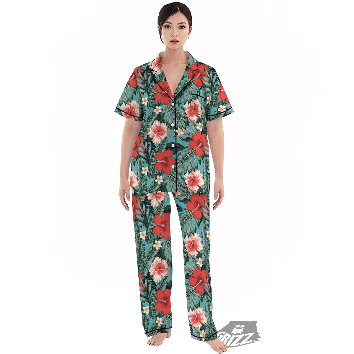Tropical Leaf Turquoise Print Pattern Women's Pajamas Set-grizzshop
