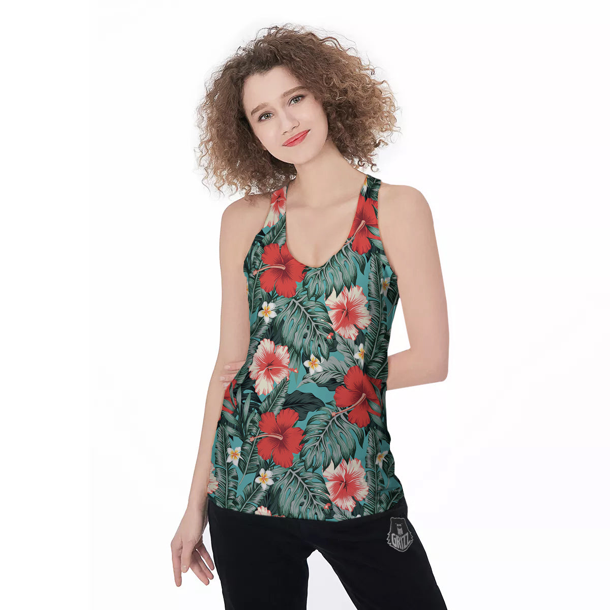 Tropical Leaf Turquoise Print Pattern Women's Racerback Tank Top-grizzshop