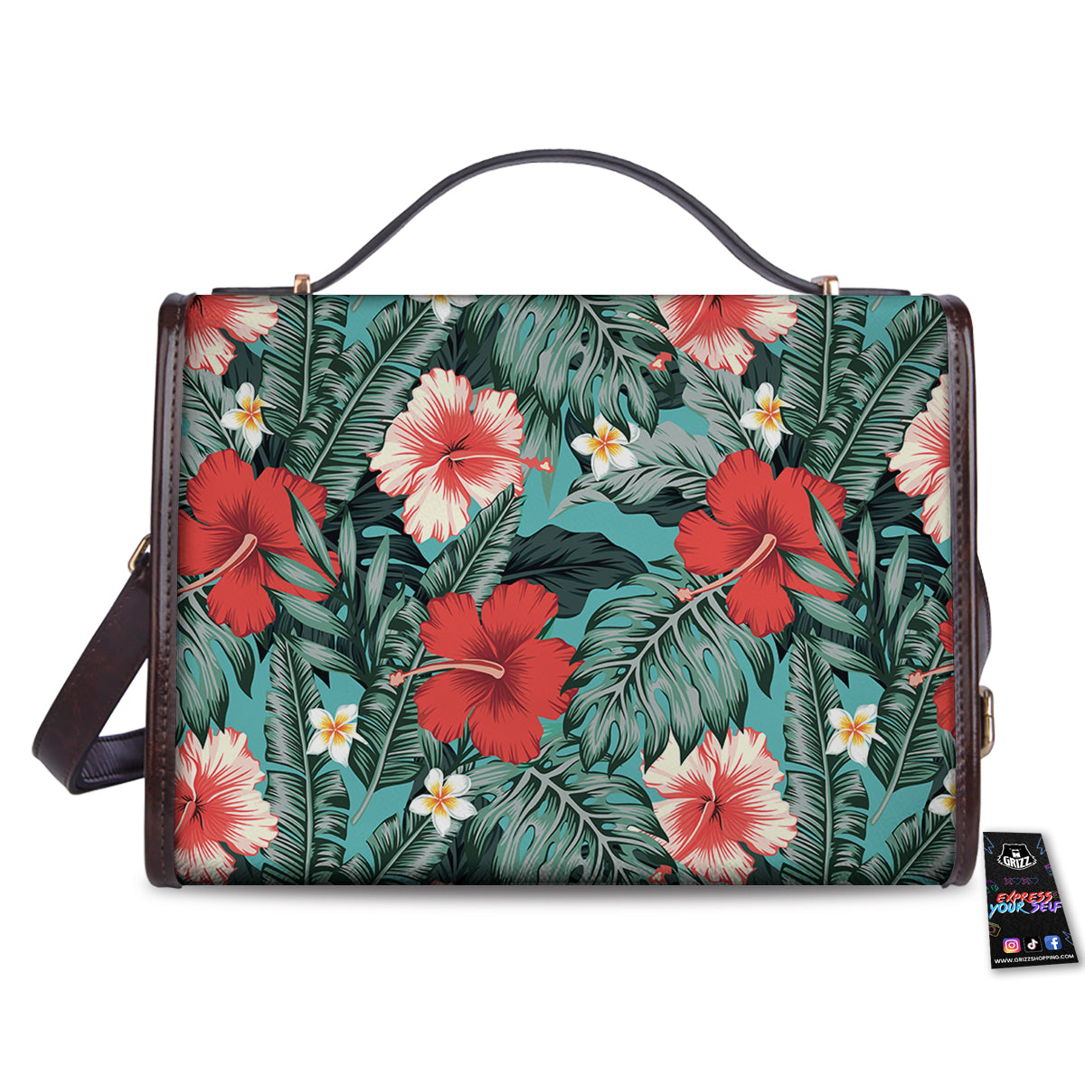Tropical Leaf Turquoise Print Pattern Women's Satchel Bag-grizzshop
