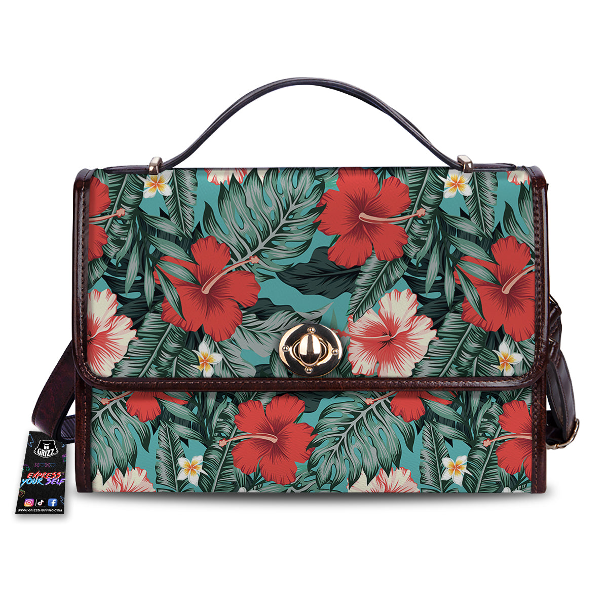 Tropical Leaf Turquoise Print Pattern Women's Satchel Bag-grizzshop