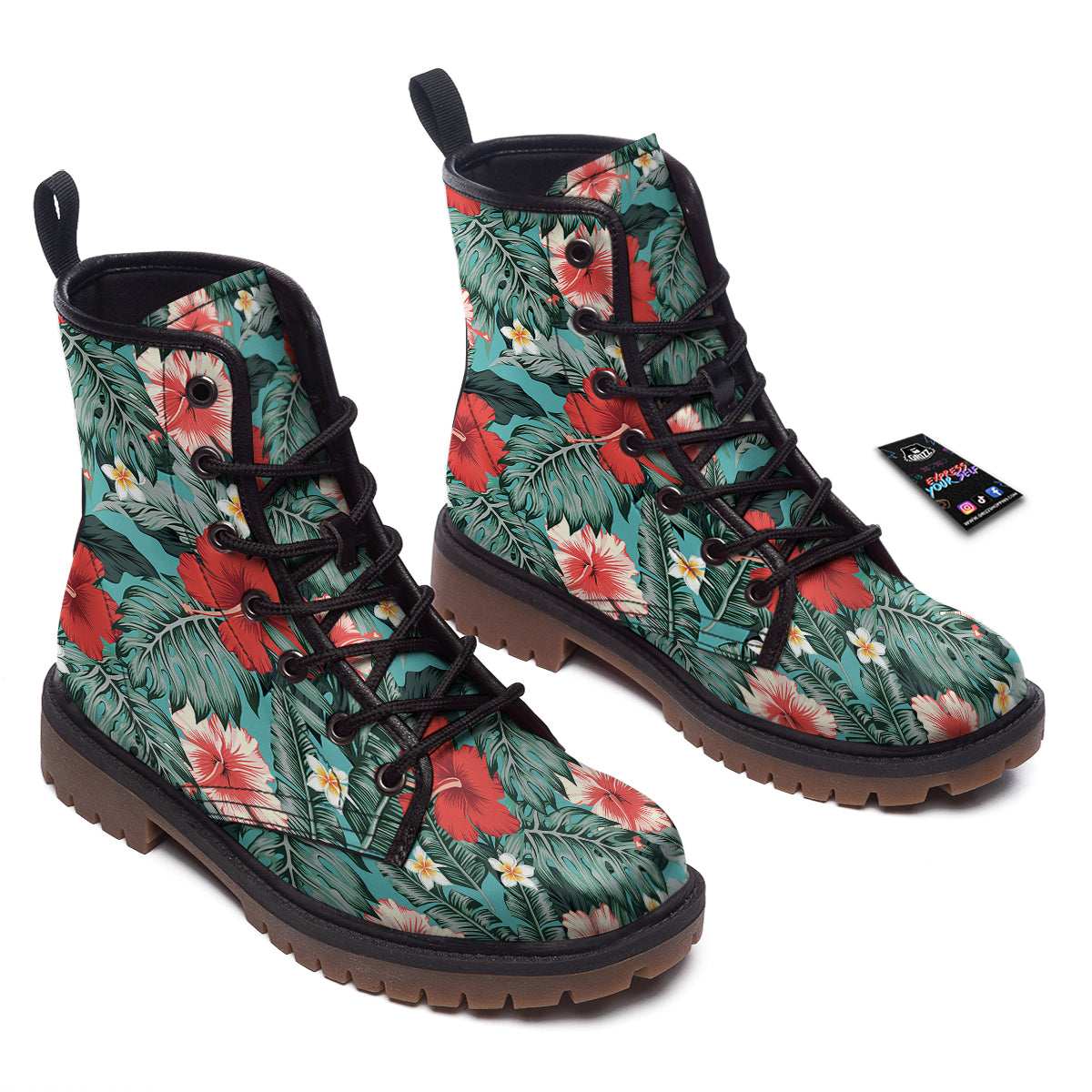 Tropical Leaf Turquoise Print Pattern Work Boots-grizzshop