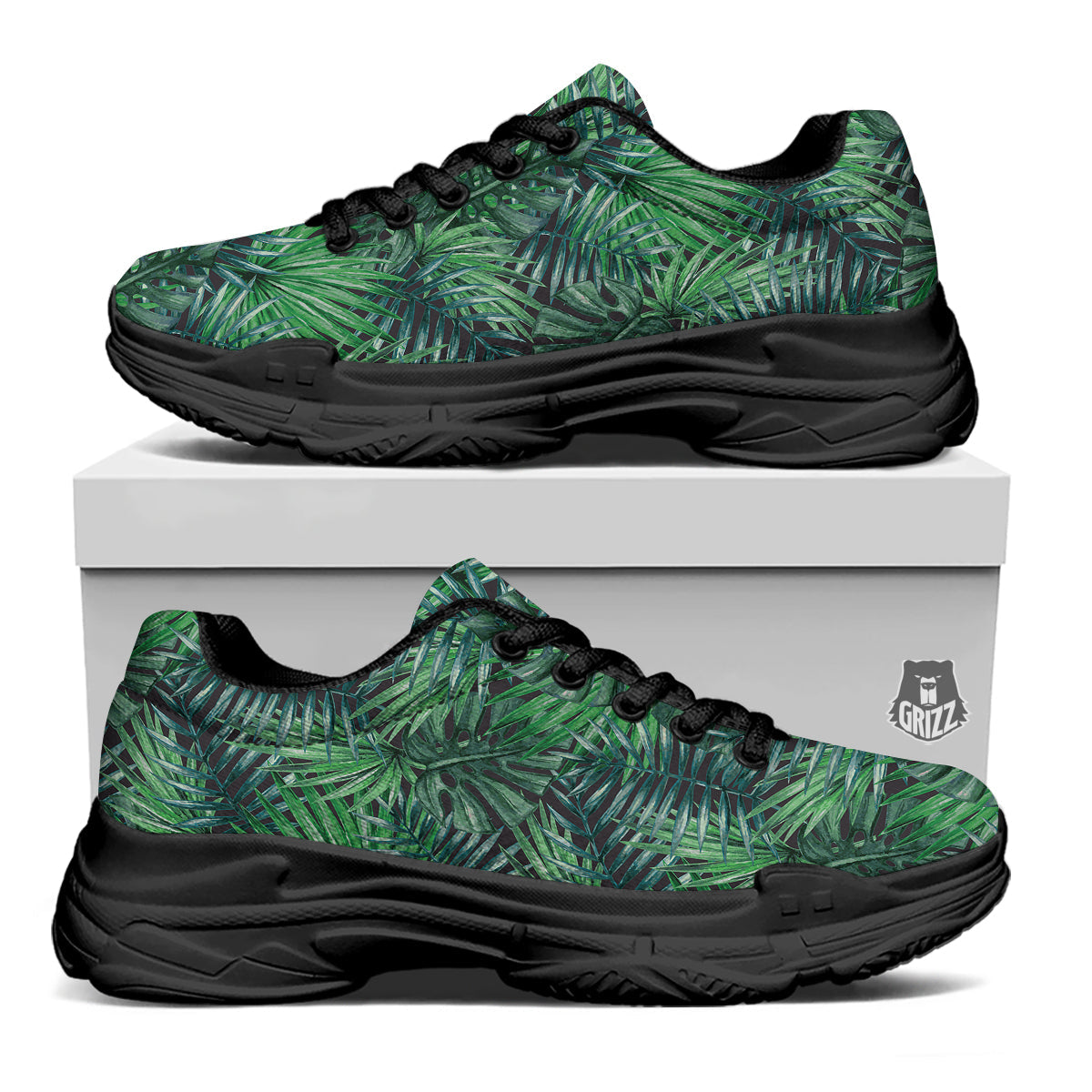 Tropical Leaf Watercolor Print Pattern Black Chunky Shoes-grizzshop