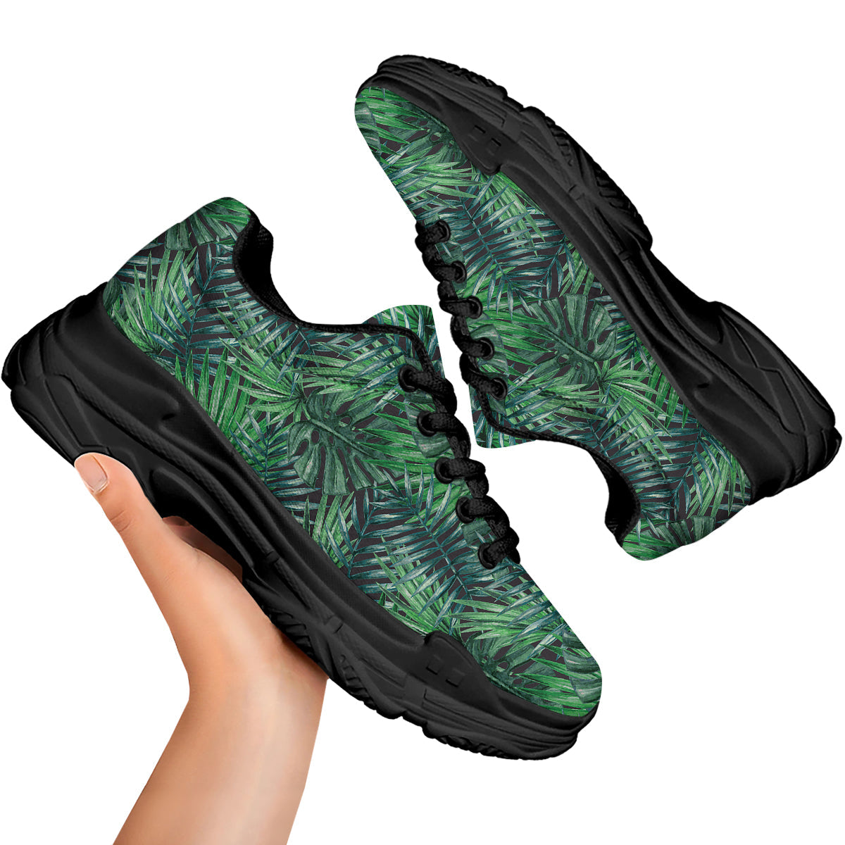 Tropical Leaf Watercolor Print Pattern Black Chunky Shoes-grizzshop