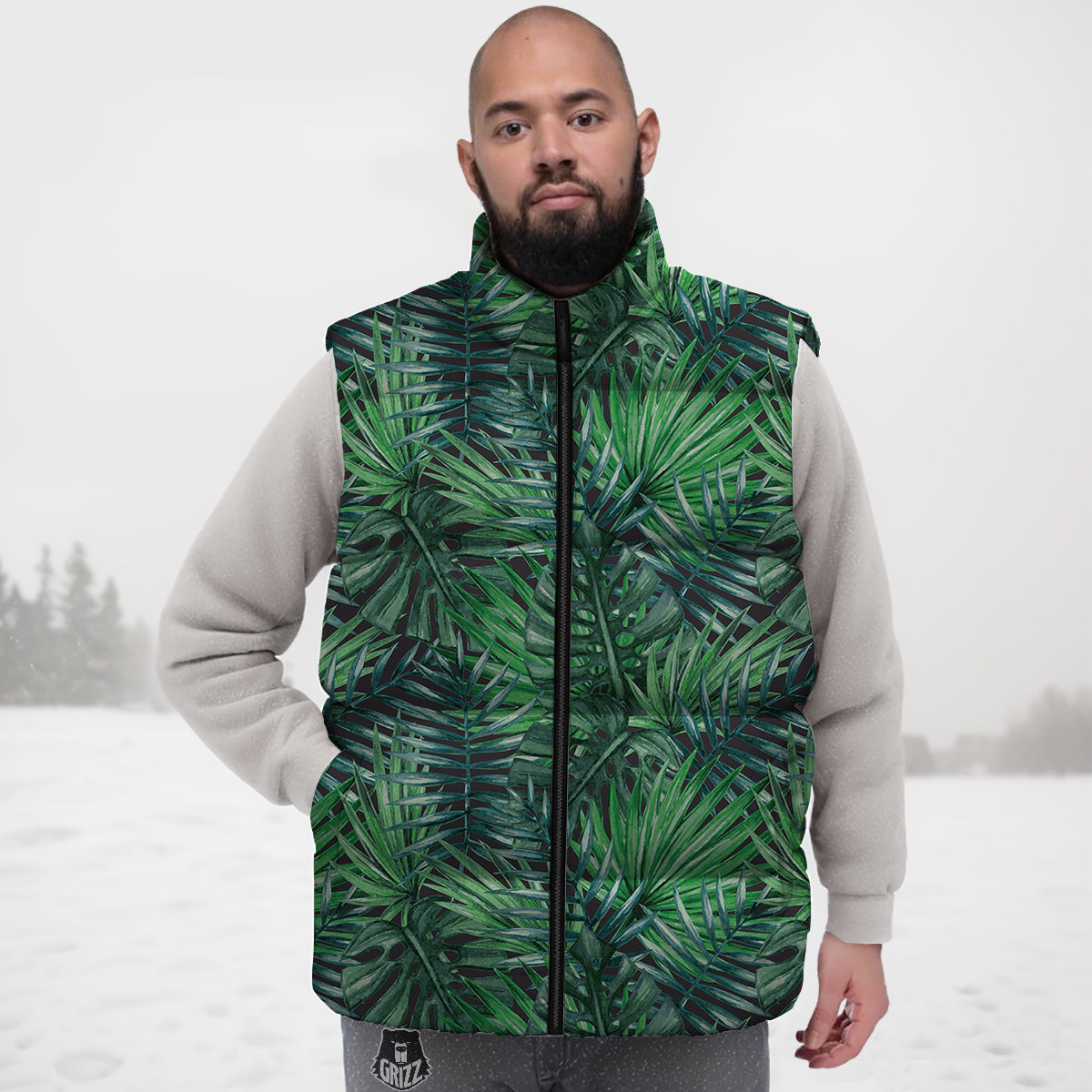 Tropical Leaf Watercolor Print Pattern Down Vest