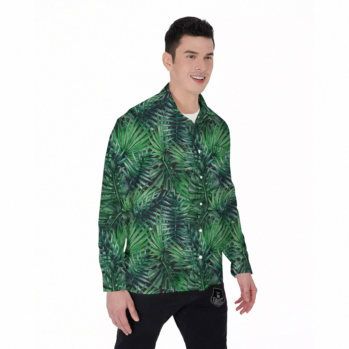 Tropical Leaf Watercolor Print Pattern Men's Long Sleeve Shirts-grizzshop