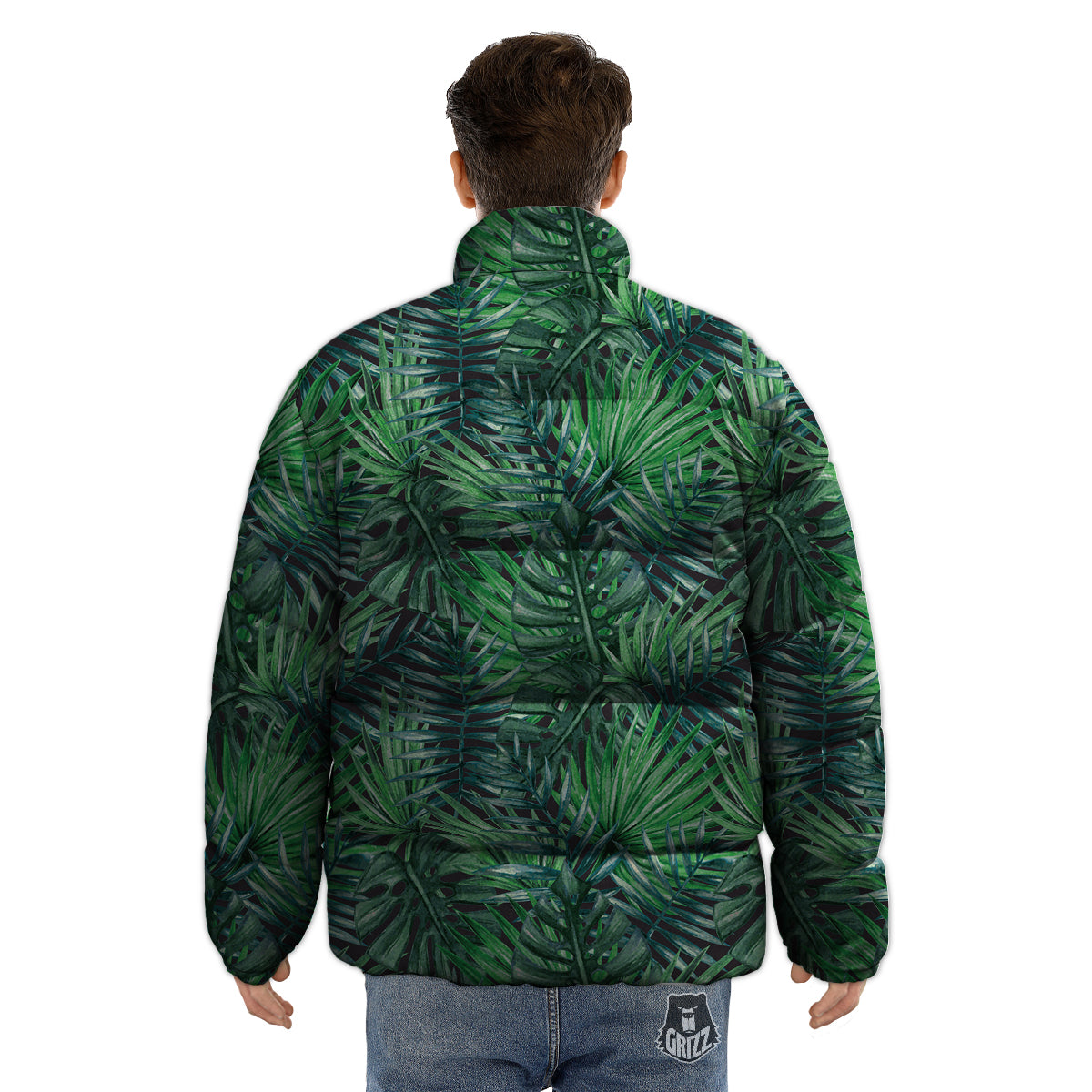 Tropical Leaf Watercolor Print Pattern Puffer Jacket-grizzshop