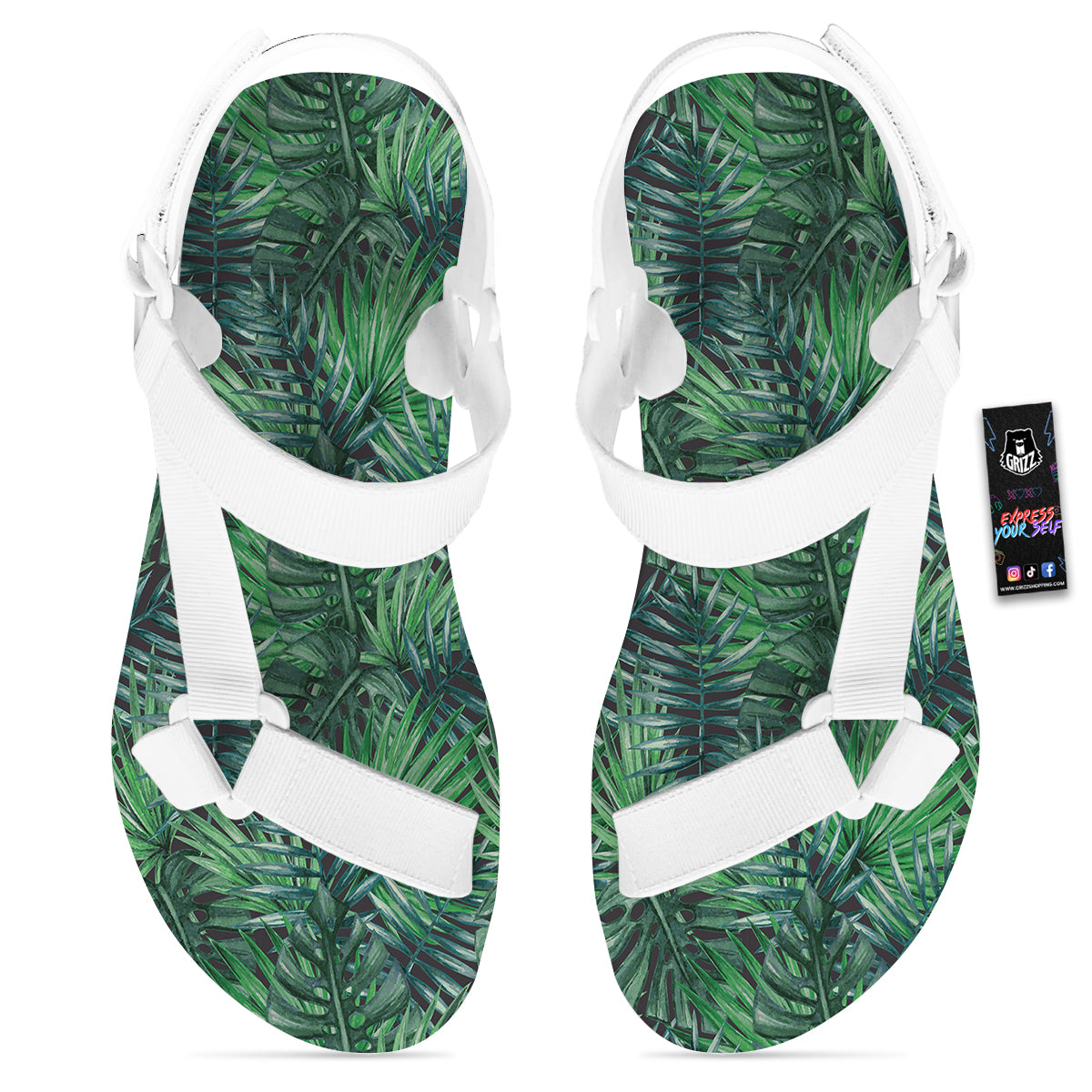 Tropical Leaf Watercolor Print Pattern White Open Toe Sandals-grizzshop