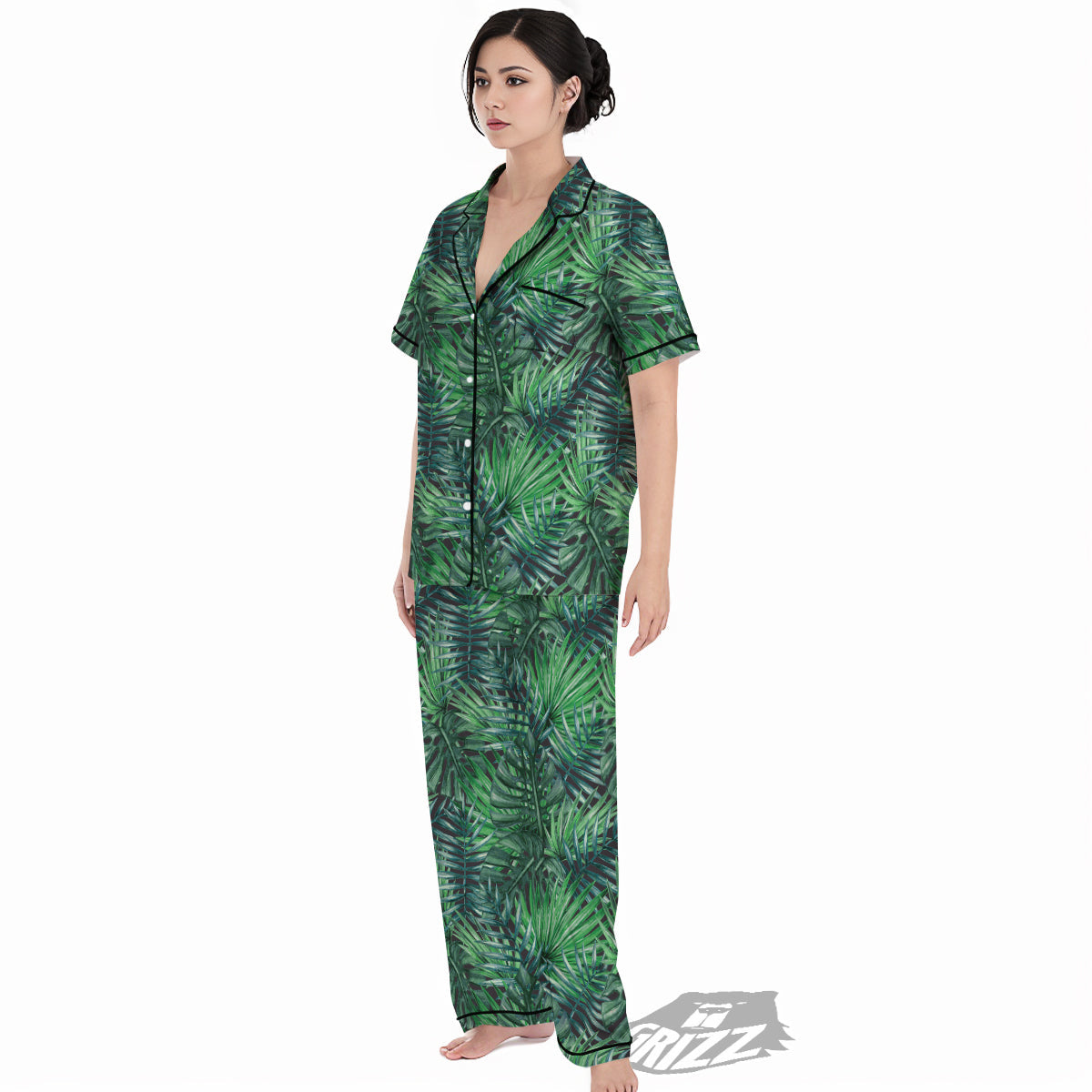 Tropical Leaf Watercolor Print Pattern Women's Pajamas Set-grizzshop