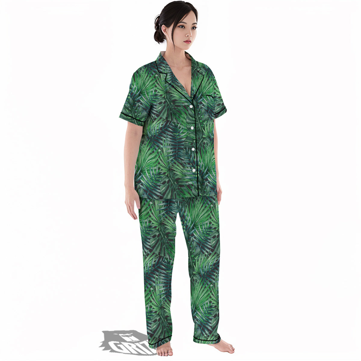 Tropical Leaf Watercolor Print Pattern Women's Pajamas Set-grizzshop