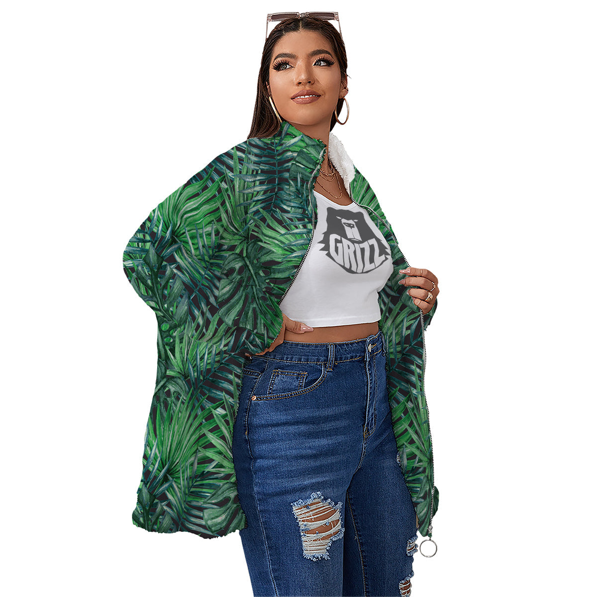 Tropical Leaf Watercolor Print Pattern Women's Sherpa Jacket-grizzshop