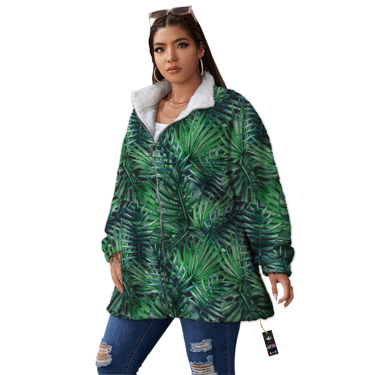 Tropical Leaf Watercolor Print Pattern Women's Sherpa Jacket-grizzshop