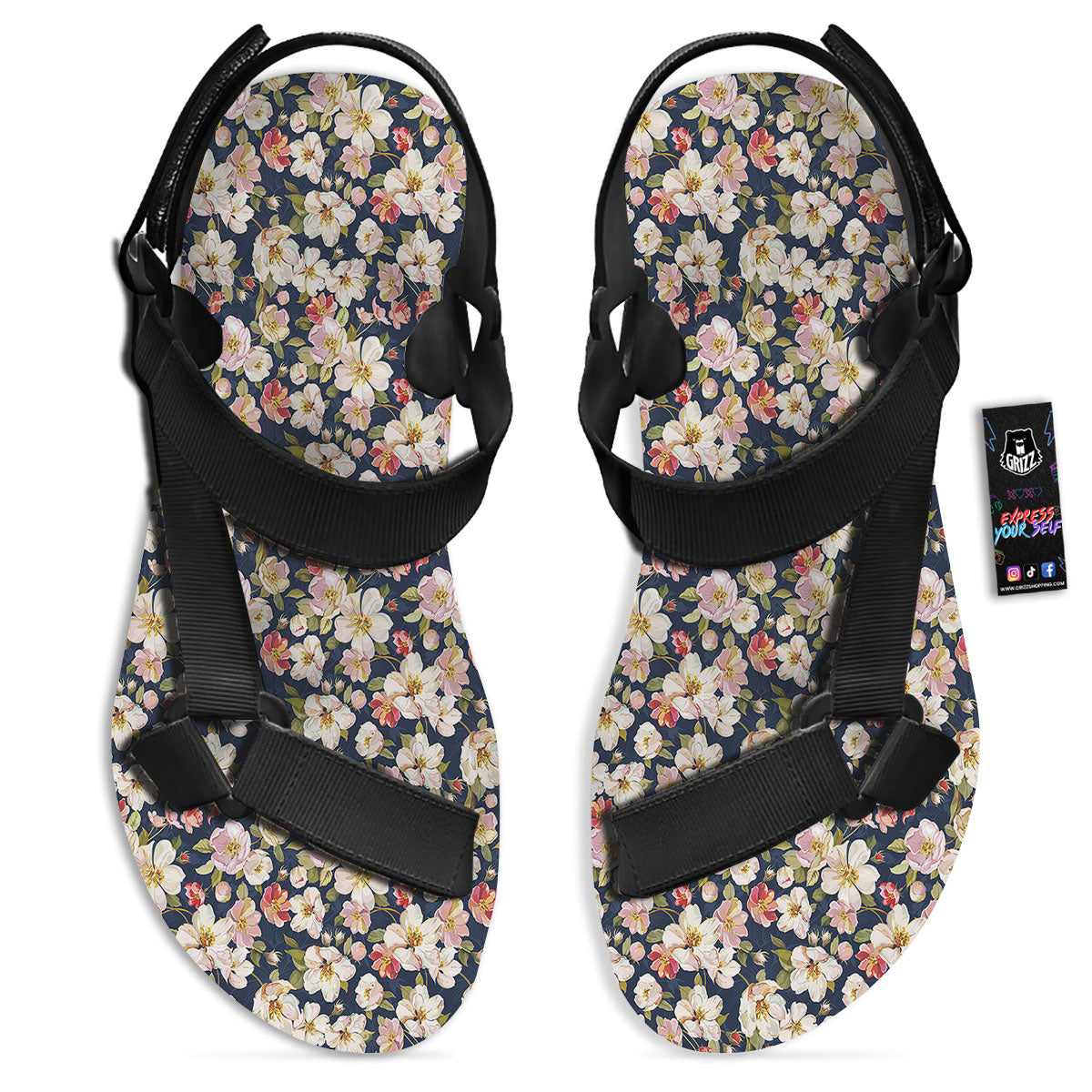 Tropical Leaves Blossom Print Pattern Black Open Toe Sandals-grizzshop