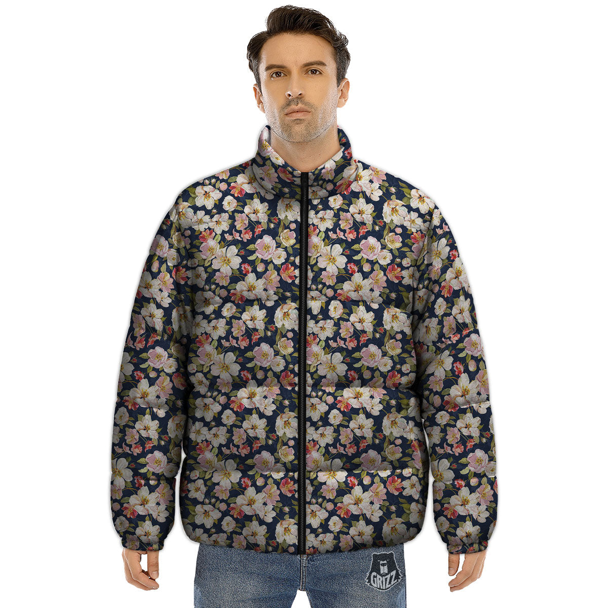 Tropical Leaves Blossom Print Pattern Puffer Jacket-grizzshop