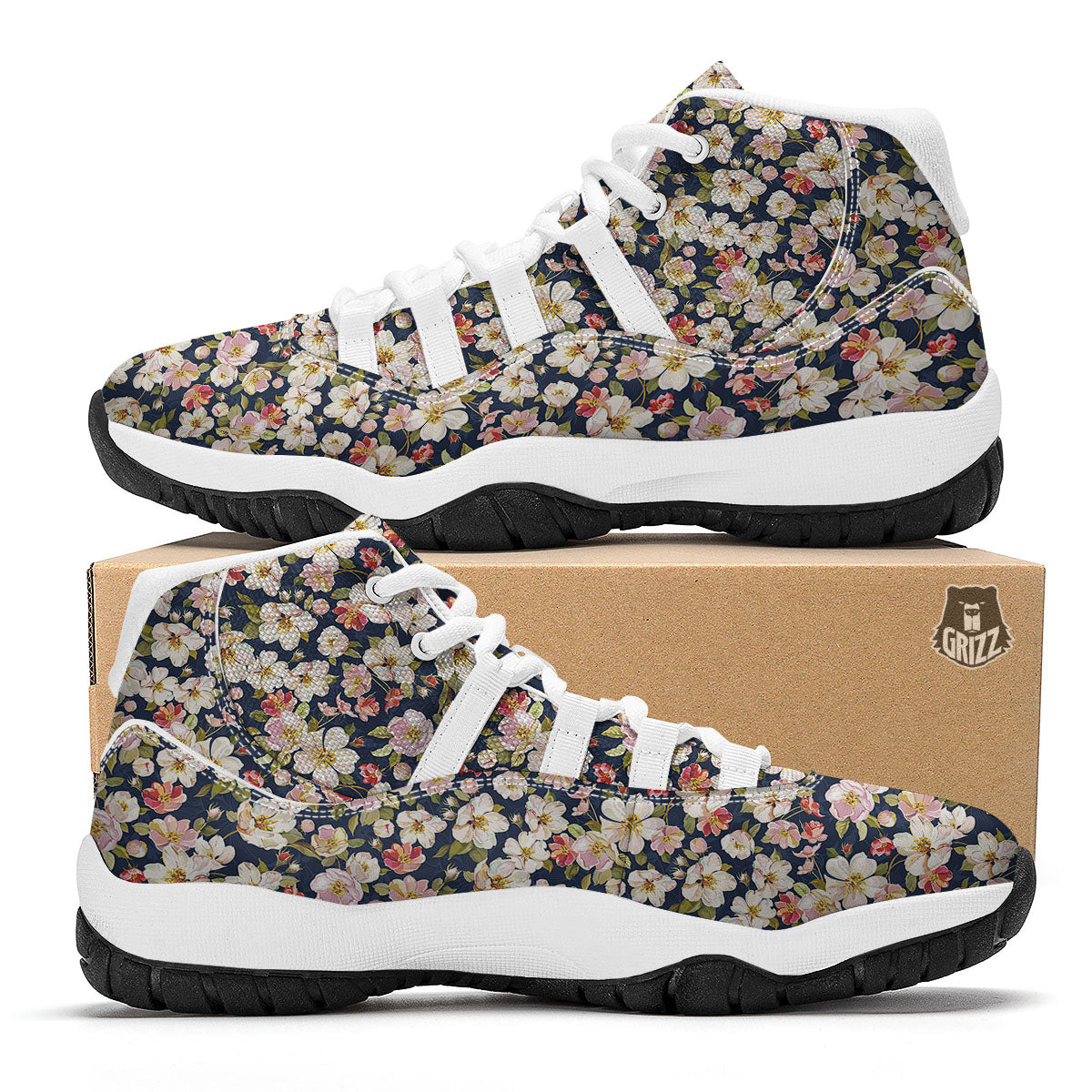Tropical Leaves Blossom Print Pattern White Bball Shoes-grizzshop