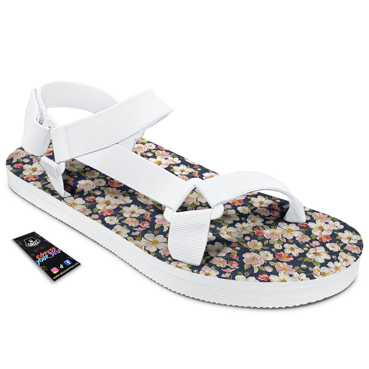 Tropical Leaves Blossom Print Pattern White Open Toe Sandals-grizzshop