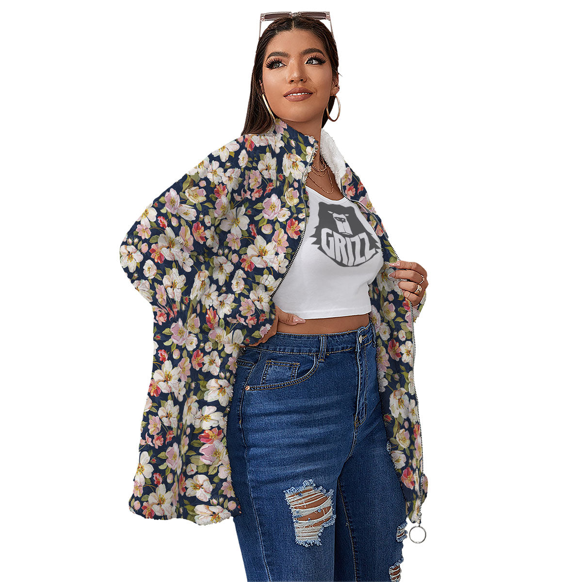 Tropical Leaves Blossom Print Pattern Women's Sherpa Jacket-grizzshop
