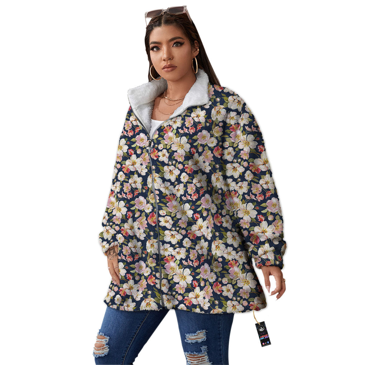 Tropical Leaves Blossom Print Pattern Women's Sherpa Jacket-grizzshop