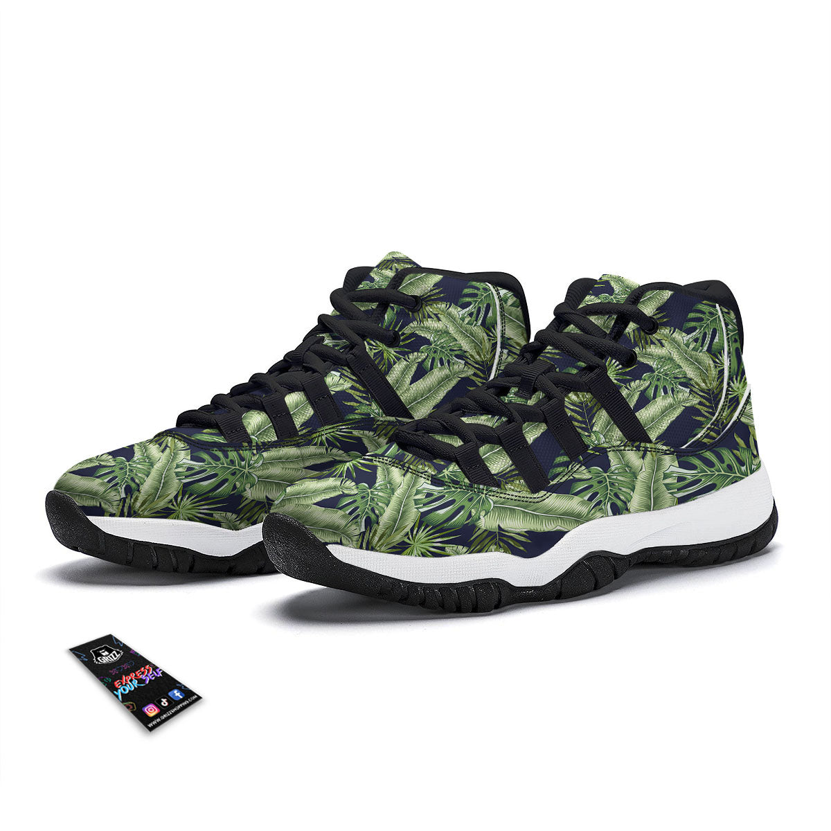 Tropical Leaves Blue Print Black Bball Shoes-grizzshop