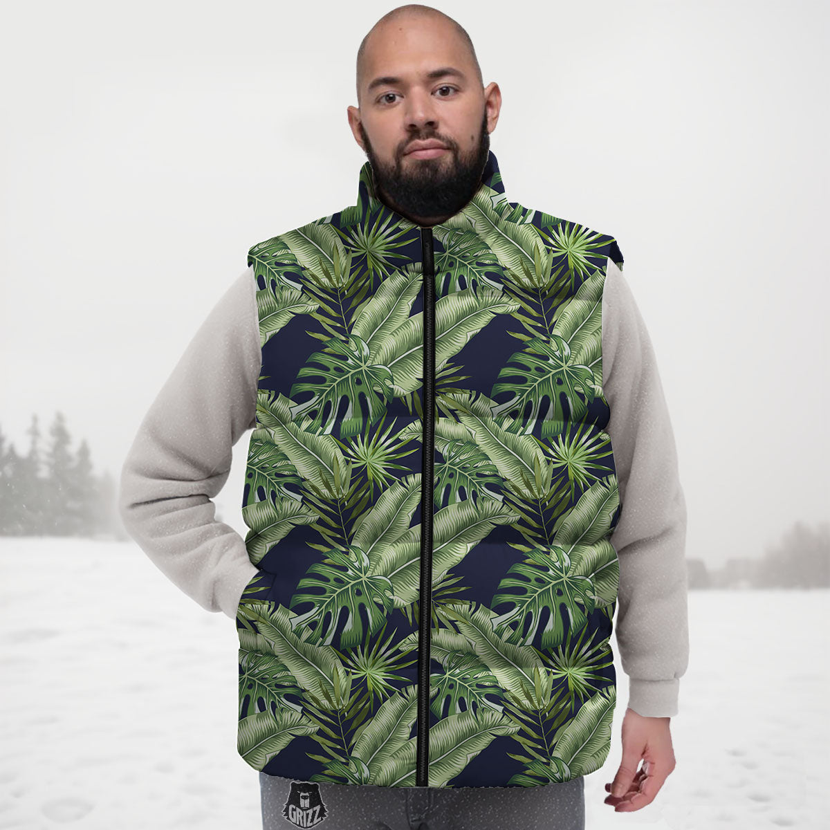 Tropical Leaves Blue Print Down Vest-grizzshop