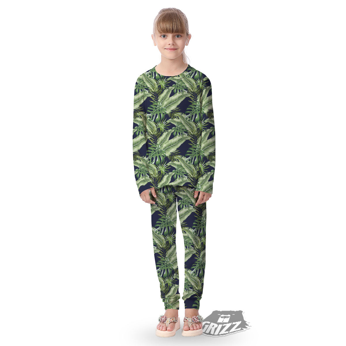Tropical Leaves Blue Print Kid's Pajamas-grizzshop