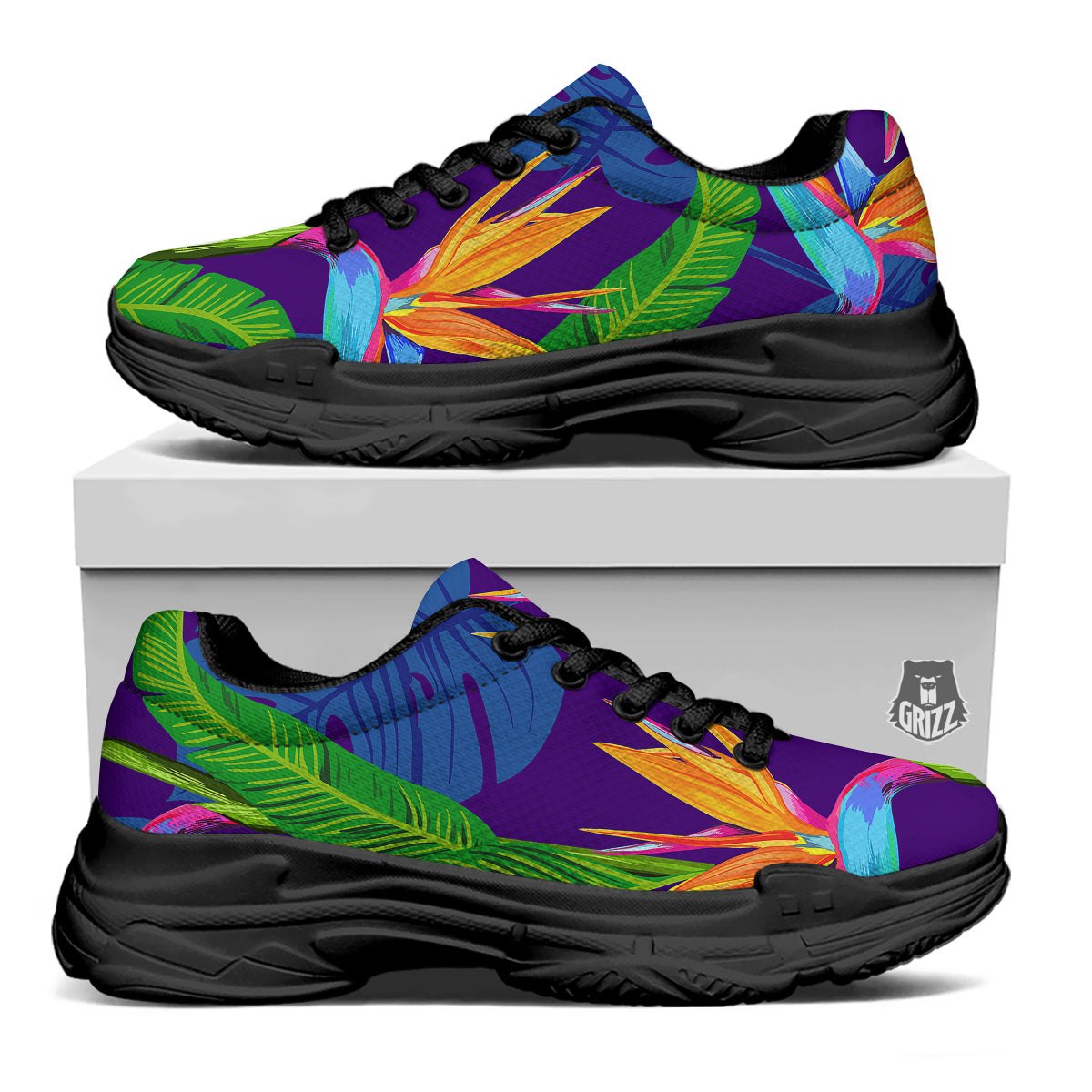 Tropical Leaves Colorful Print Pattern Colorful Black Chunky Shoes-grizzshop