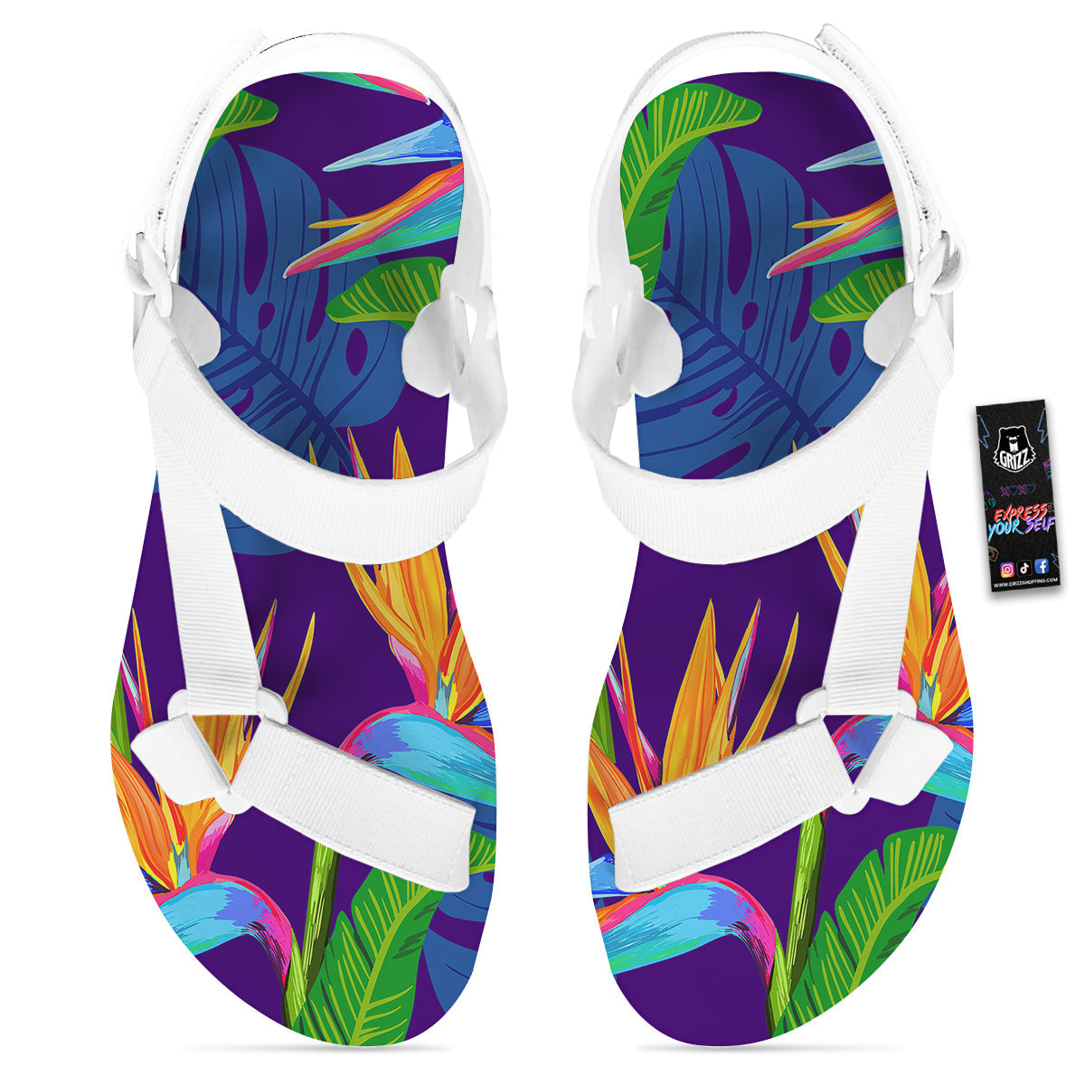 Tropical Leaves Colorful Print Pattern Colorful White Open Toe Sandals-grizzshop