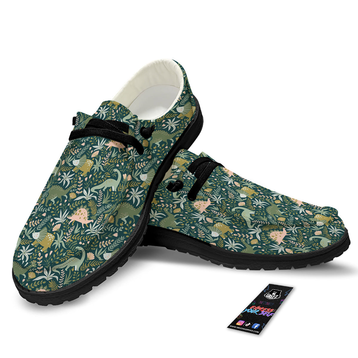 Tropical Leaves Cute Dino Print Pattern Black Loafers-grizzshop