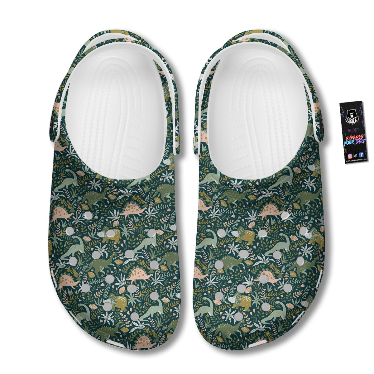 Tropical Leaves Cute Dino Print Pattern Clog-grizzshop