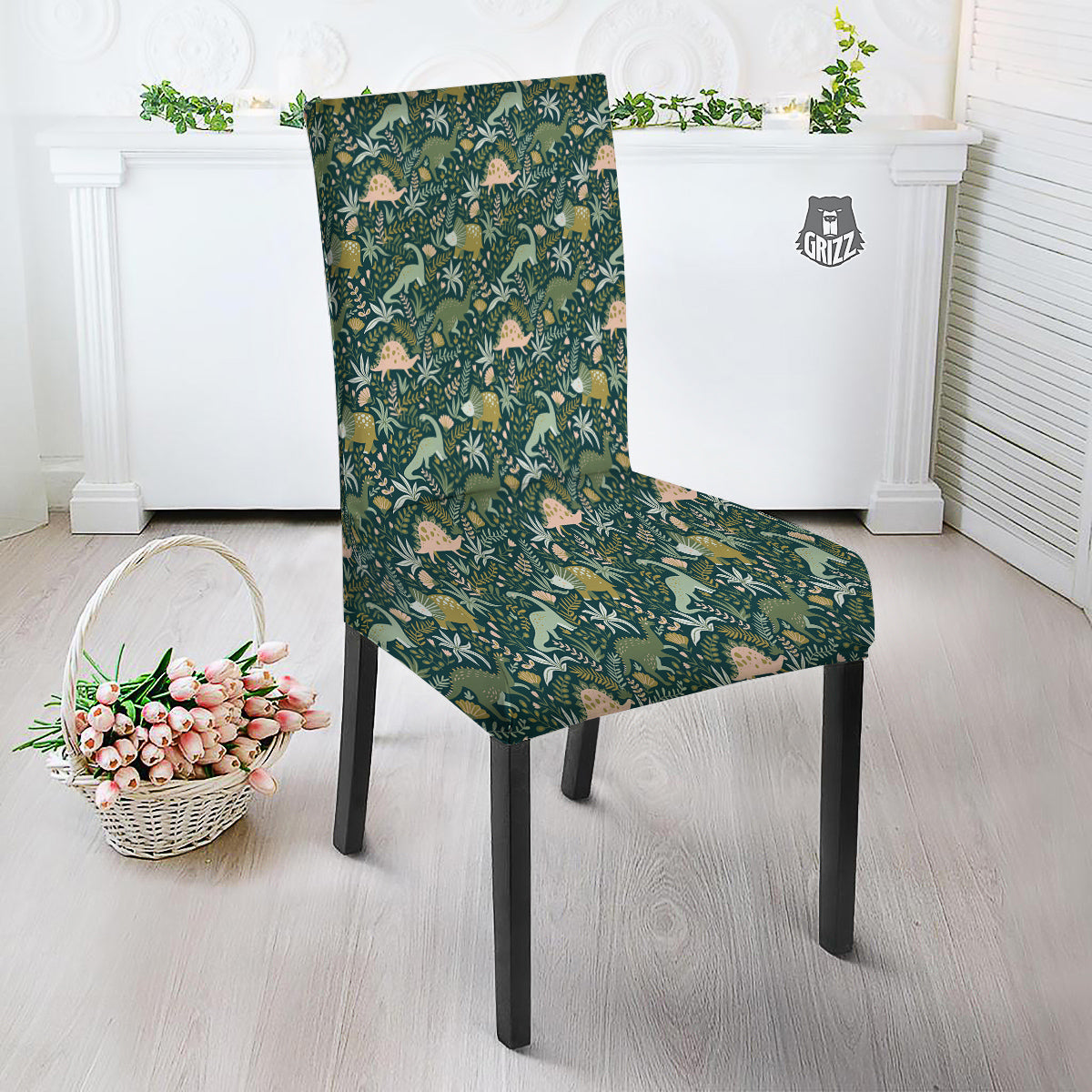 Tropical Leaves Cute Dino Print Pattern Dining Chair Slipcover-grizzshop