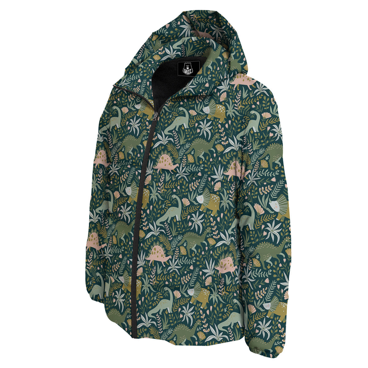 Tropical Leaves Cute Dino Print Pattern Down Jacket-grizzshop
