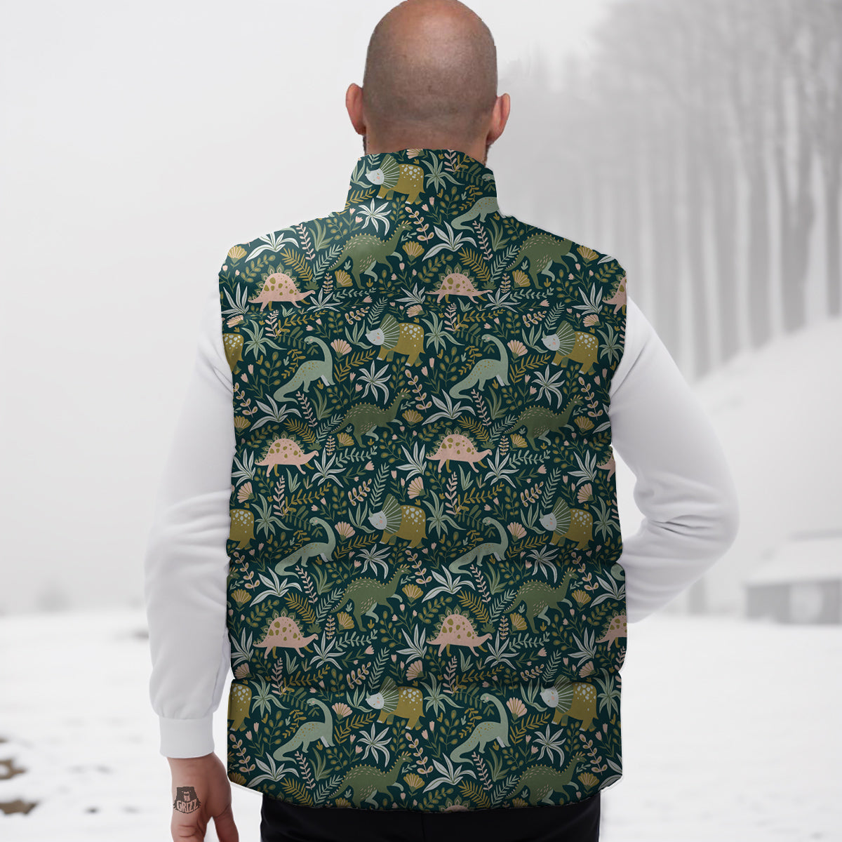 Tropical Leaves Cute Dino Print Pattern Down Vest-grizzshop
