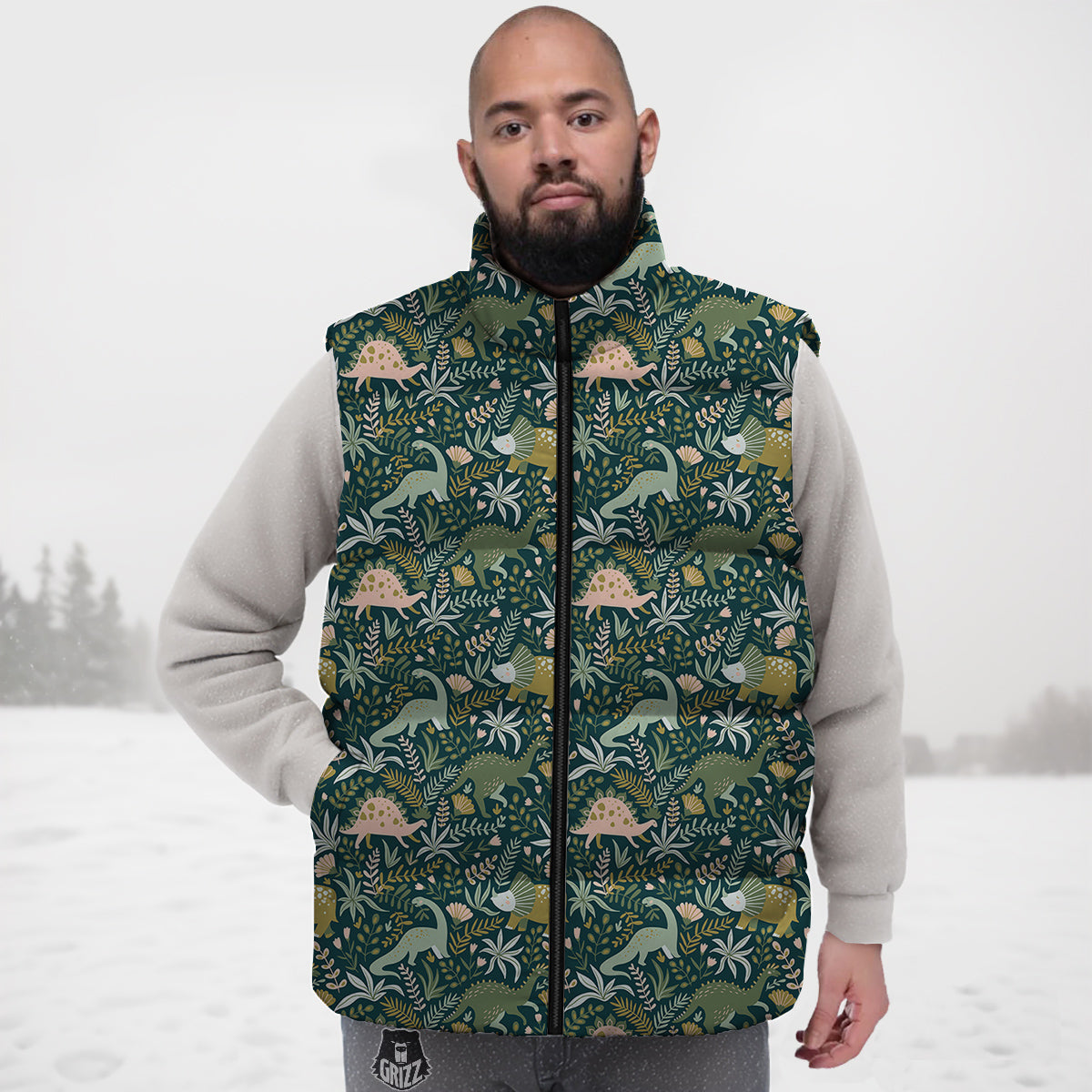 Tropical Leaves Cute Dino Print Pattern Down Vest-grizzshop
